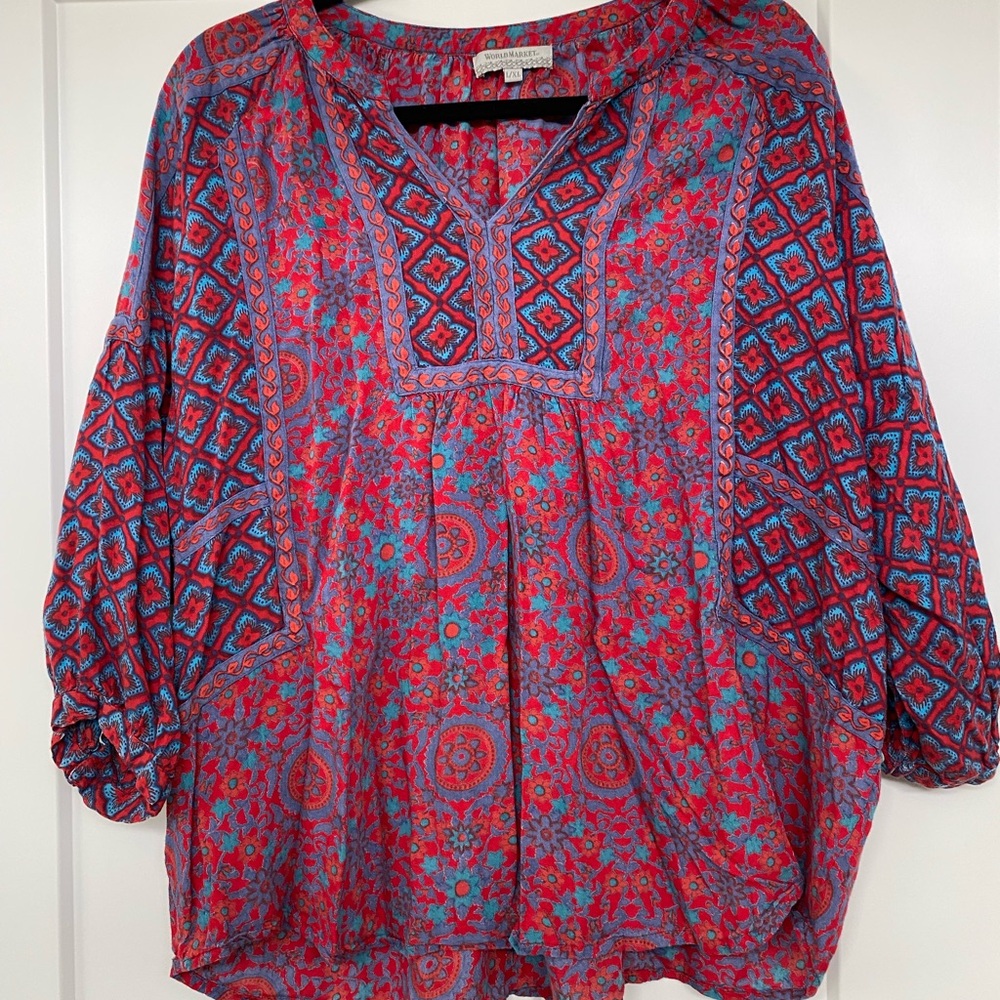 World Market Red and Blue 3/4 Sleeve Bohemian Blouse